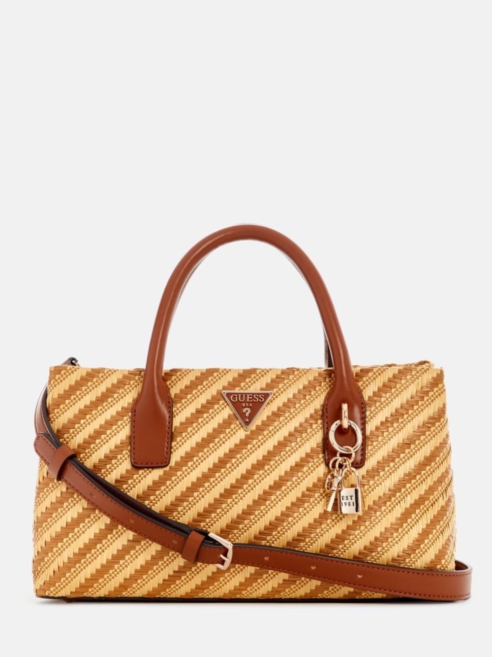 New GUESS Brown and Tan Woven Satchel with Gold Charm